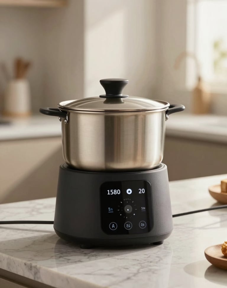 Macro shot of a smart temperature-controlled culinary vessel on a marble countertop, warm morning light, minimalist kitchen background.