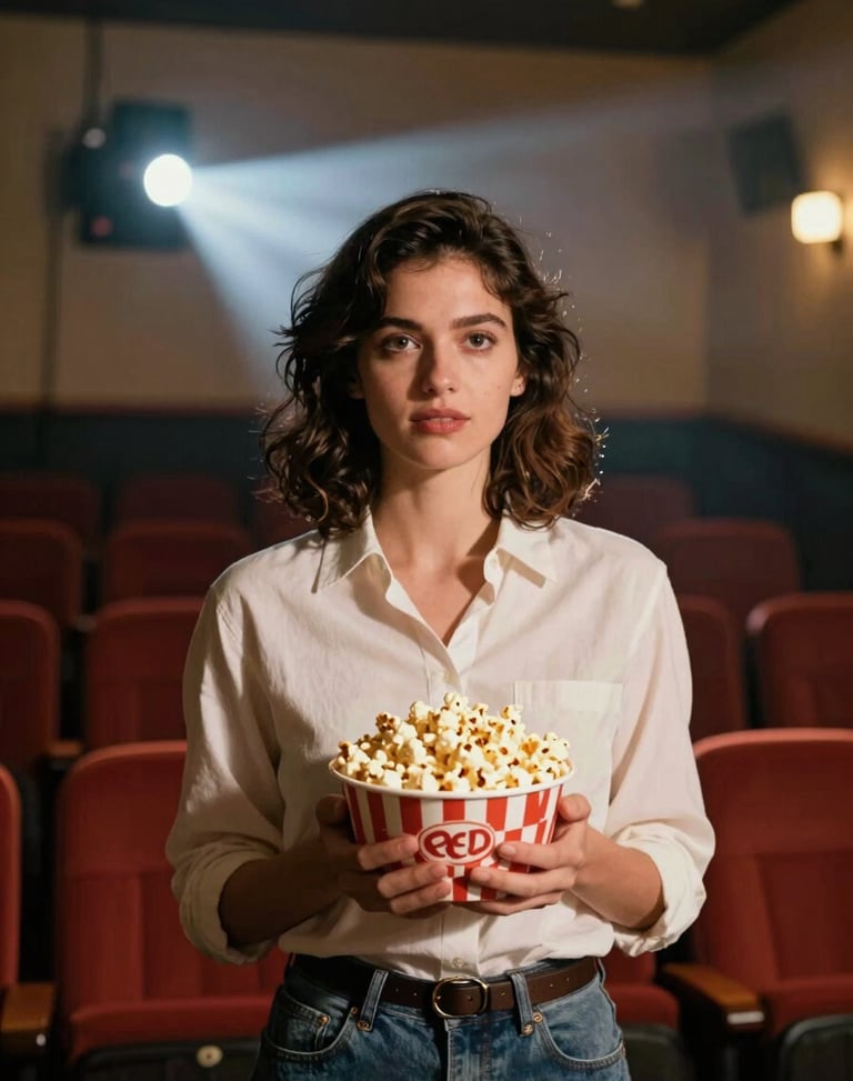 Warm cinematic portrait of a female founder in a vintage cinema lobby, soft projector beam lighting, holding a small bowl of gourmet popcorn, 35mm film look.
