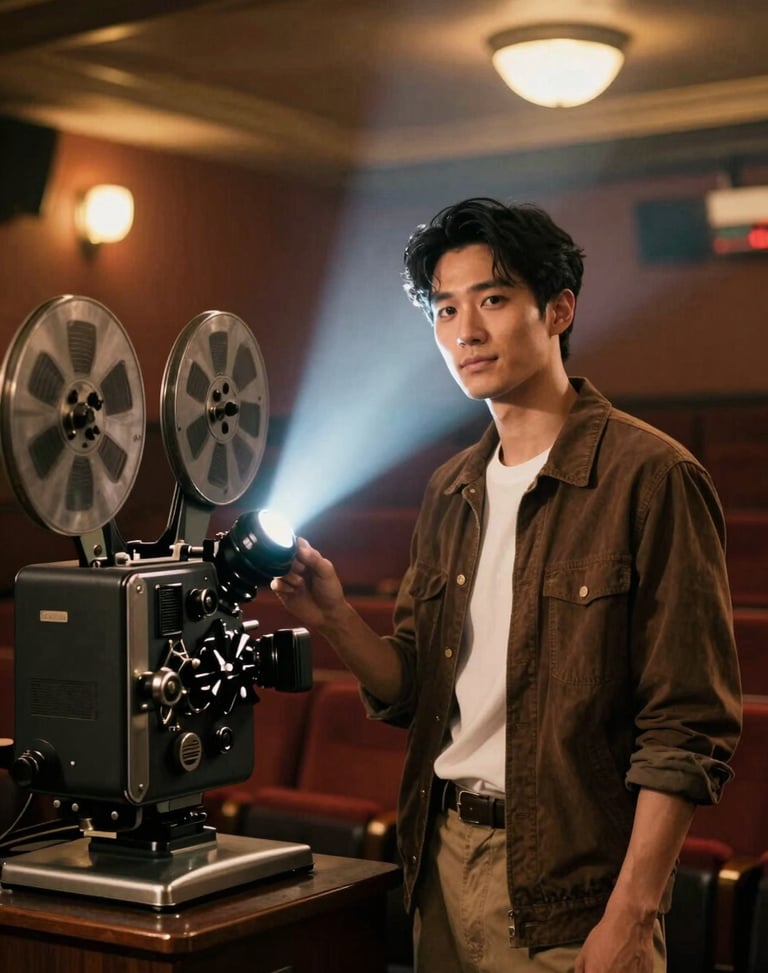Warm cinematic portrait of a male founder in a vintage cinema lobby, soft projector beam lighting, next to a classic film projector, rich nostalgic tones.