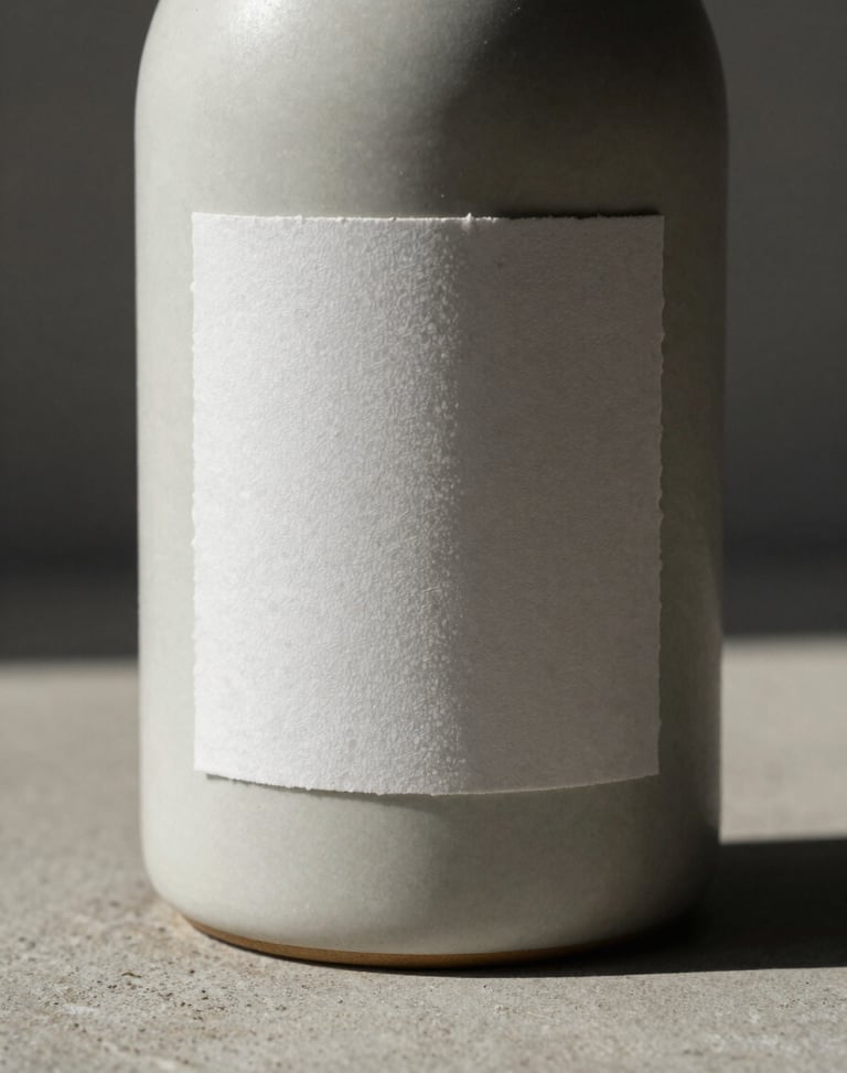 Extreme close-up of a minimalist ceramic bottle with a textured, deckled-edge paper label, soft directional afternoon sun casting long shadows on a concrete surface.
