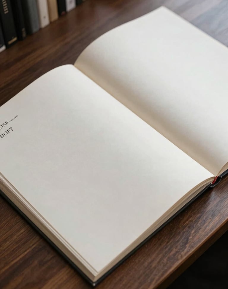 High-angle shot of an open archival print catalog on a dark walnut desk, showing clean typography and generous off-white margins, soft overcast daylight.
