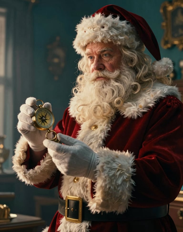 Cinematic portrait of Santa Claus in a cozy study, holding a vintage compass, soft golden hour light, deep teal tones.