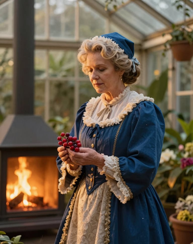 Cinematic portrait of Mrs. Claus in a glowing botanical greenhouse, warm hearthside gold light, holding winter berries.