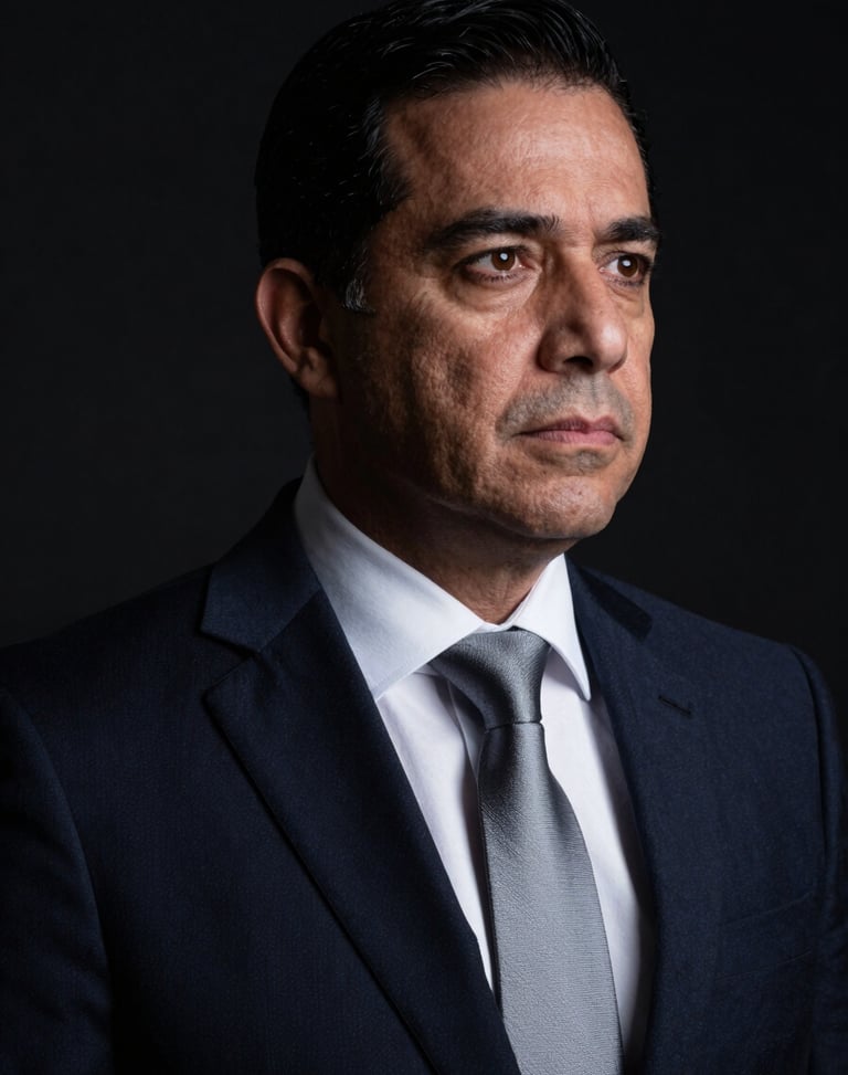 Professional close-up portrait of Lic. Leopoldo Guzmán Ramirez, a corporate lawyer in a dark tailored suit and steel-grey tie, serious expression, dramatic side lighting, high contrast, 35mm.