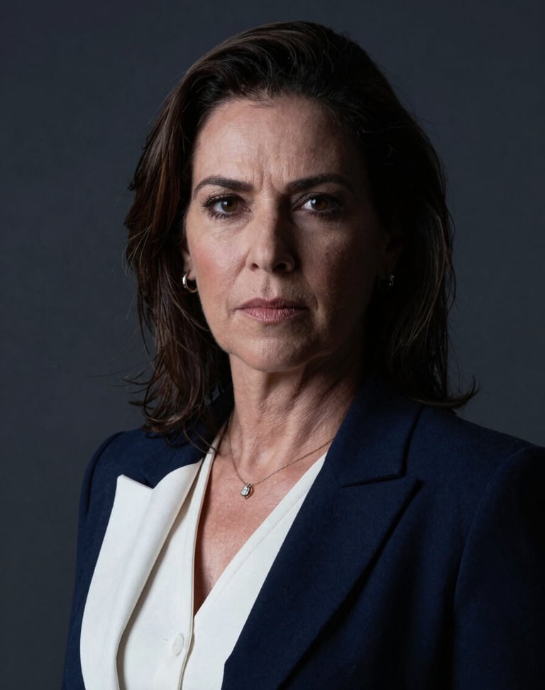Professional close-up portrait of Lic. Janete Pérez Garcia, a female corporate attorney in elegant executive attire, serious expression, low-key lighting, dark slate background, 35mm.