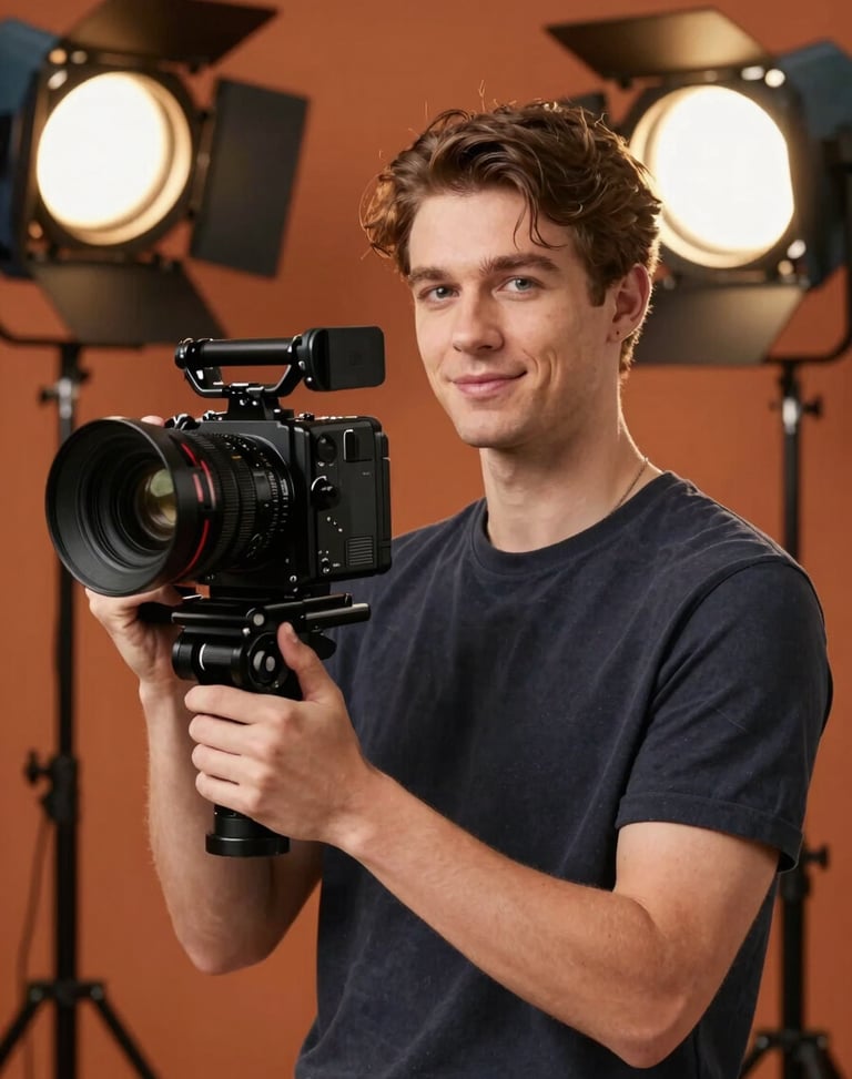 Portrait of a male director of photography, holding a high-end cinema camera, soft studio lighting, professional and honest look