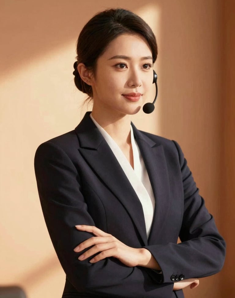 Portrait of a female communication director, elegant corporate posture, warm natural lighting, minimalist background
