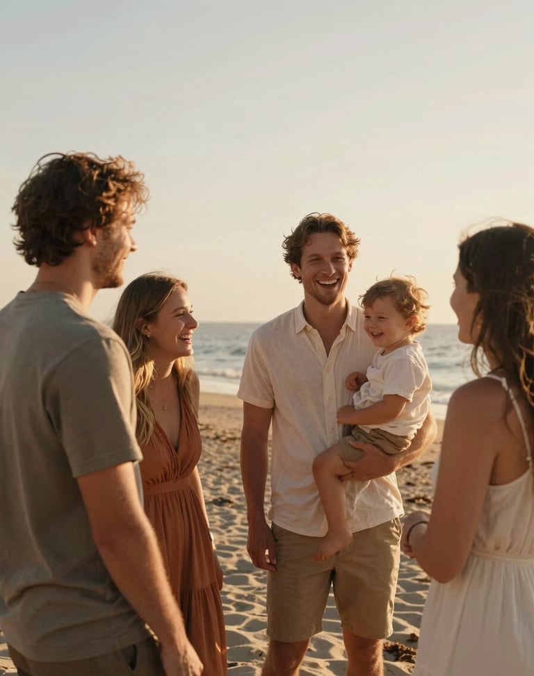 A modern family laughing together on a sun-drenched beach, candid interaction, warm golden hour light, 35mm film aesthetic