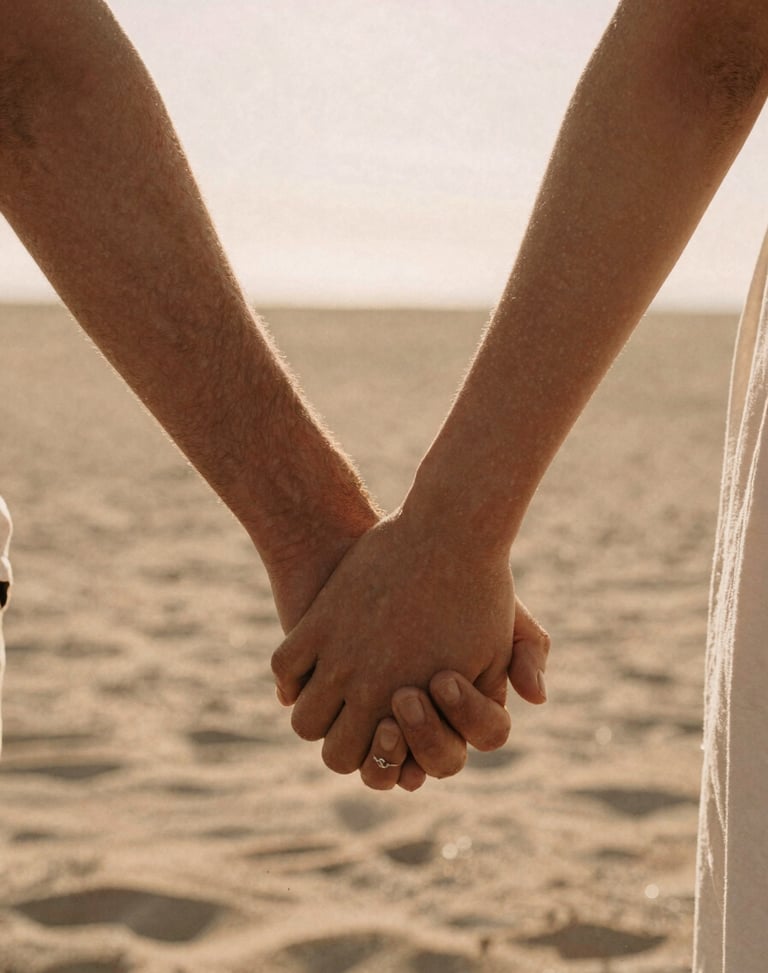 Intimate close-up of a couple's hands intertwined, warm backlighting, soft sand tones, cinematic 35mm film aesthetic
