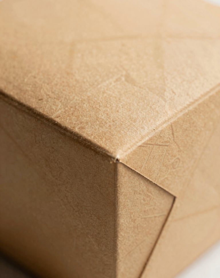 Macro shot of heavy-milled paper texture on a structured sweet box, minimalist South Asian geometric pattern, soft warm lighting.