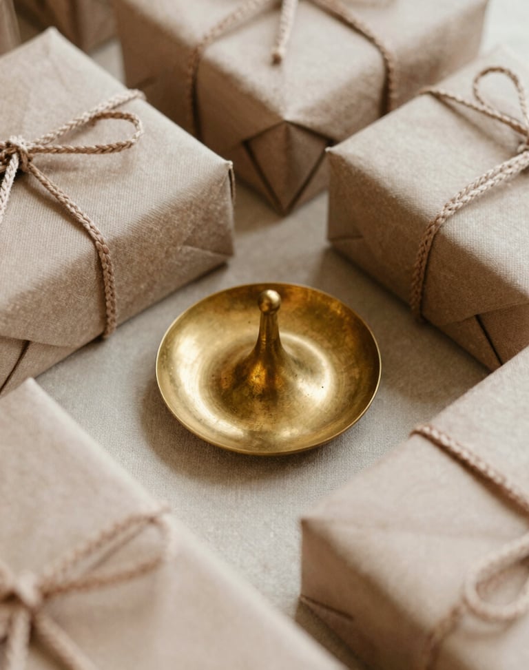 Close-up of handpicked return gifts, a single raw brass incense holder resting on raw silk, soft warm natural light.