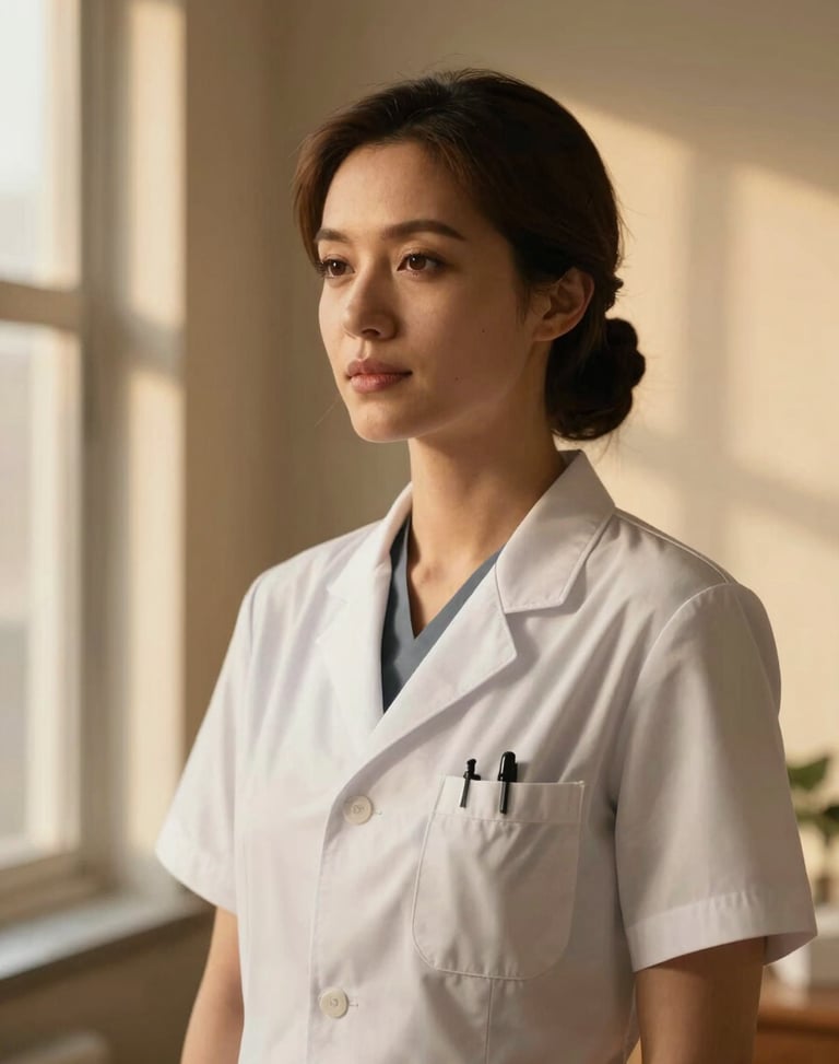 Elegant portrait of a female medical director in neutral tones, warm studio lighting, professional yet serene, shallow depth of field, 35mm