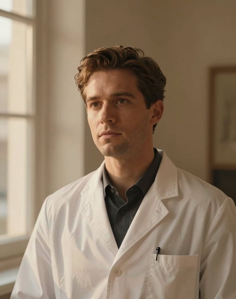Elegant portrait of a male aesthetic physician in neutral tones, warm studio lighting, professional yet serene, shallow depth of field, 35mm