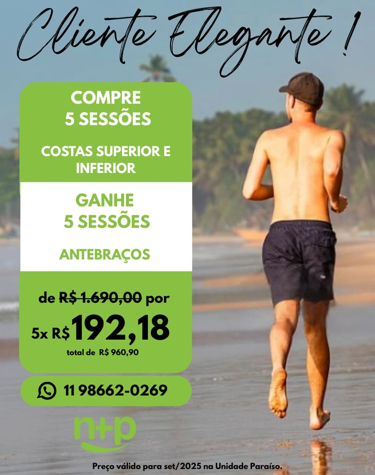 Promoção depilação masculina: compre 5 sessões Costas e ganhe 5 Antebraços.