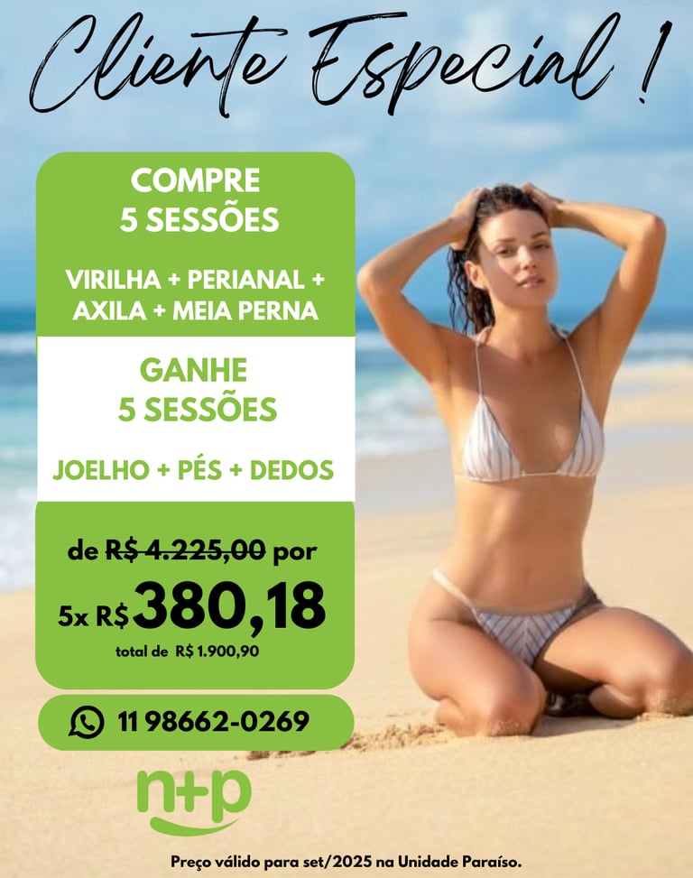 Promoção depilação feminina: compre 5 sessões Virilha, Perianal, Axila, Meia Perna e ganhe outras 5.
