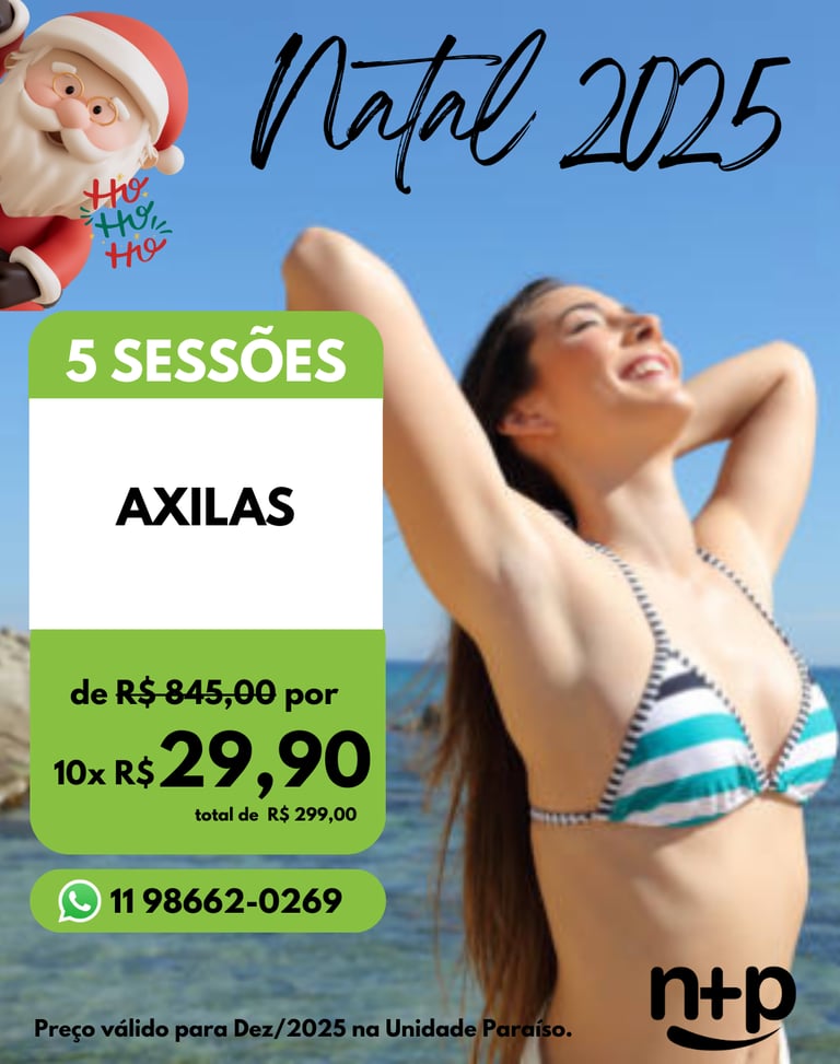 Promoção de depilação a laser feminina: 5 sessões de axila por 10x de 29,90.