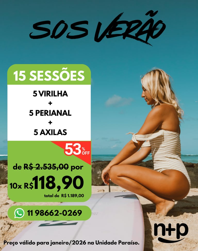 Promoção SOS Verão 2026: 15 sessões de depilação — virilha, perianal e axilas com 53% off.