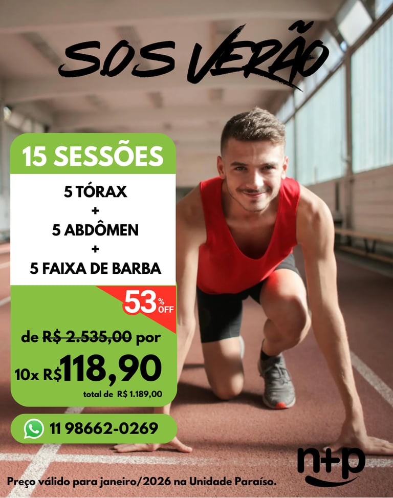 Promo SOS Verão 2026: depilação masculina tórax, abdômen e faixa de barba com 53% off.
