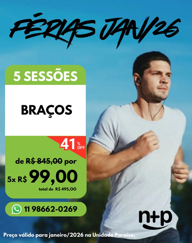 Promo Férias Jan/2026: 5 sessões de depilação de braços masculino com 41% de desconto.
