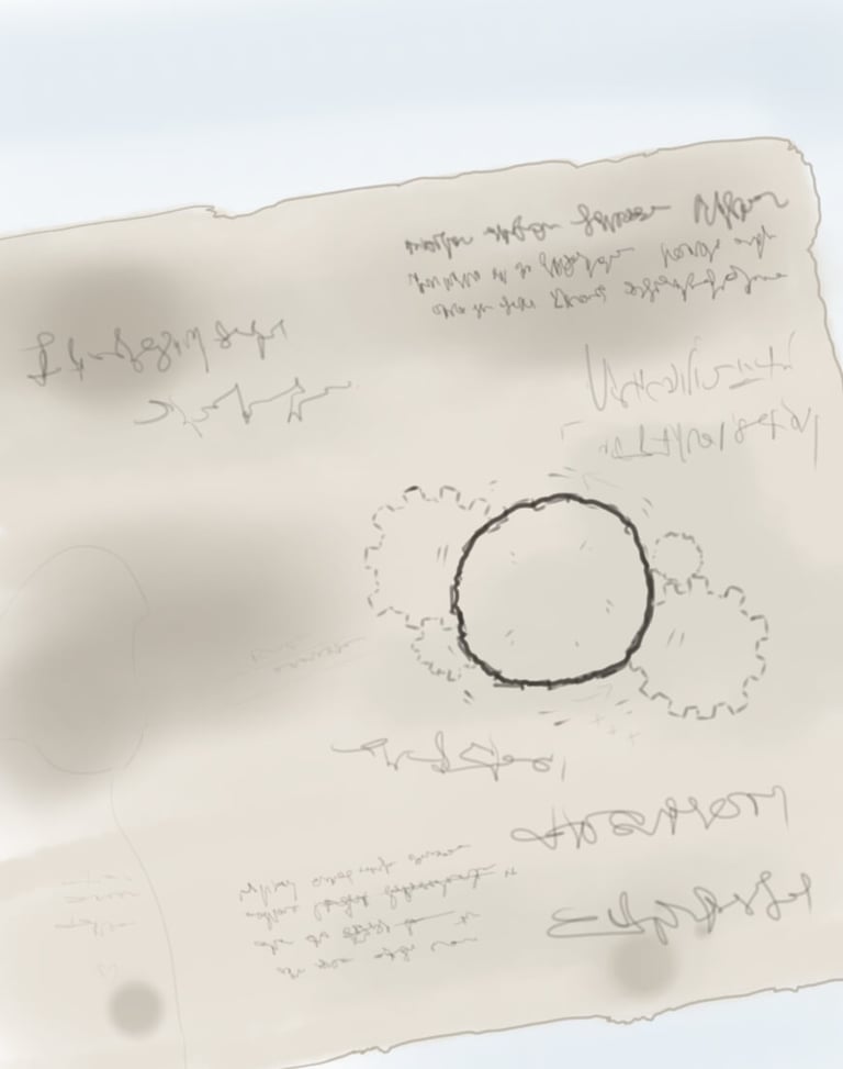 illustration d’une page de carnet avec croquis et notes, univers de conte illustré