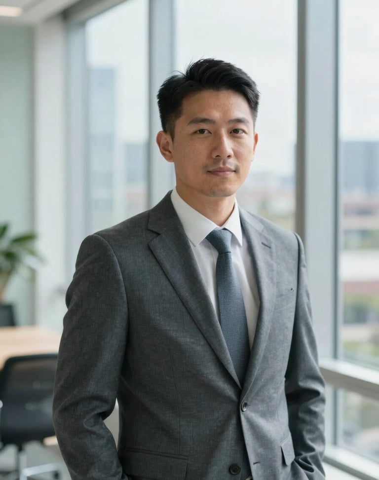 Professional portrait of a male tech attorney in a modern slate gray suit, bright natural window light, Austin office background, 35mm