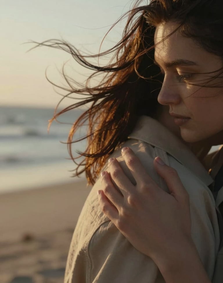 A couple embracing on a windy beach at golden hour, hair blowing, extreme close-up on intertwined fingers, warm cinematic tones.