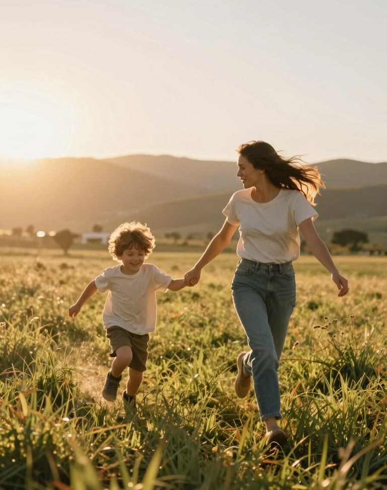 A mother and child running through a sun-drenched California meadow, golden hour backlighting, motion blur, warm flares.