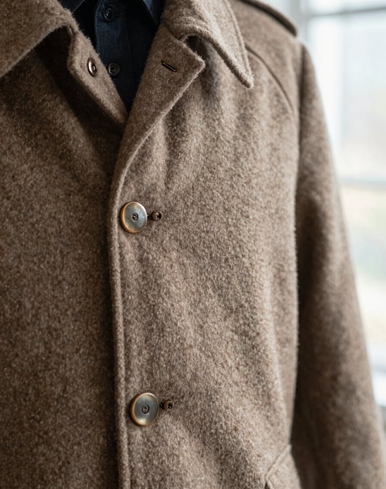 Extreme close-up of a heavy-gauge wool ranch coat with bronze-ware detailing, soft natural window light, highlighting texture