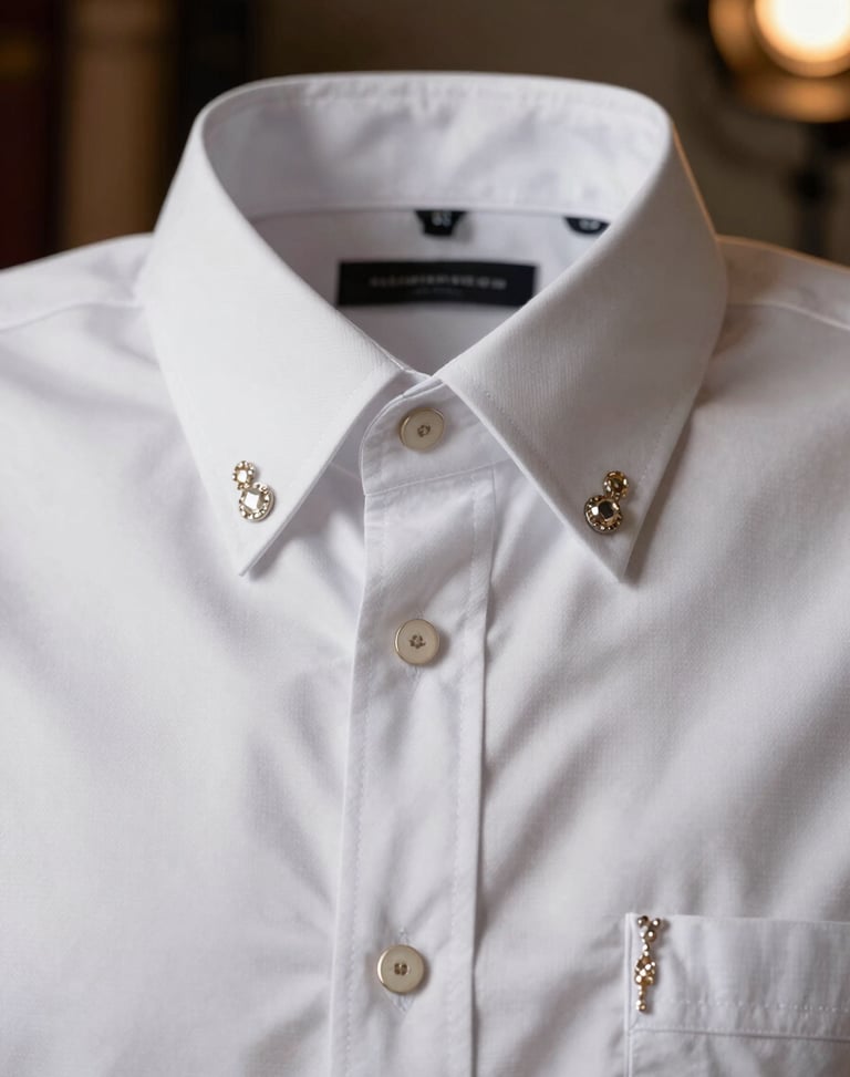 Macro shot of custom-cut luxury yokes on a tailored western shirt, sharp lines, warm directional studio key light