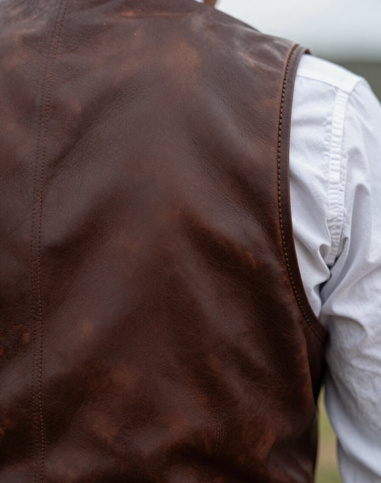 Close-up of hand-burnished leather edges on a bespoke western vest, raw texture, overcast daylight