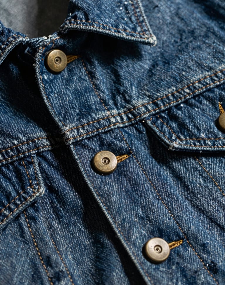 Extreme macro detail of heavy-gauge stitching on a raw denim jacket, bronze hardware, dramatic shadows