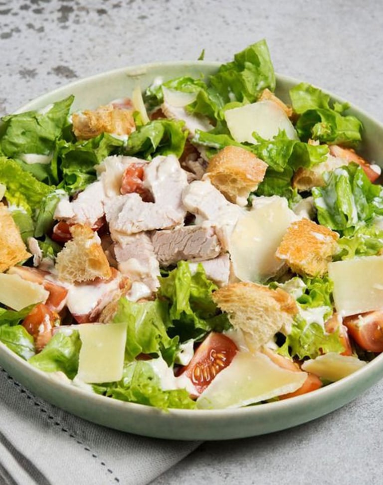 non veg salad, ceaser chicken salad, latives, feta cheese, bowl, healthy bowl