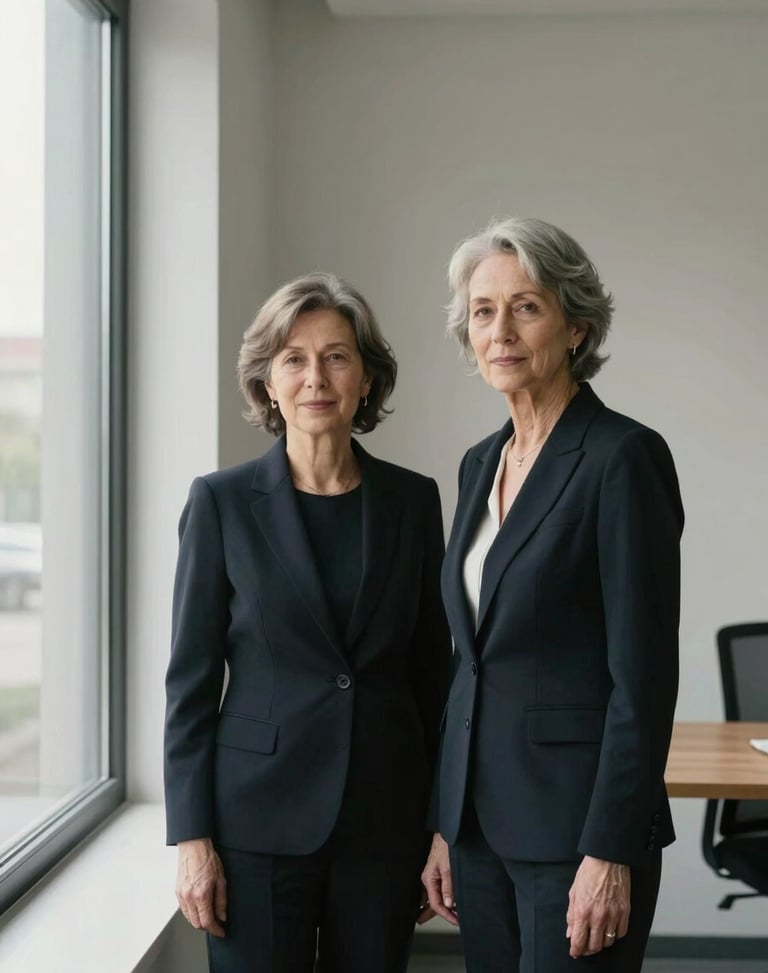 Environmental portrait of a senior female partner in a dark blazer, standing in a minimalist office with soft side window light, 35mm