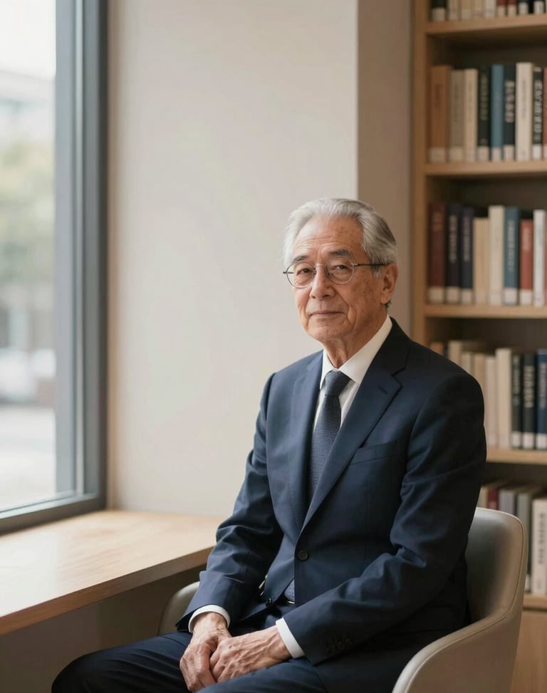 Environmental portrait of a senior male partner in a navy suit, sitting in a sunlit modern library, warm alabaster tones, 35mm