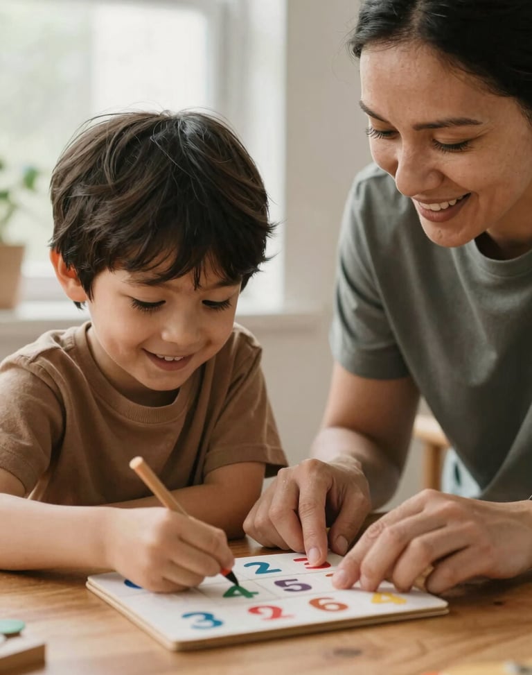 A warm close-up of a mentor guiding a smiling child through a math puzzle at a wooden table, soft natural window light, candid, rich organic tones.
