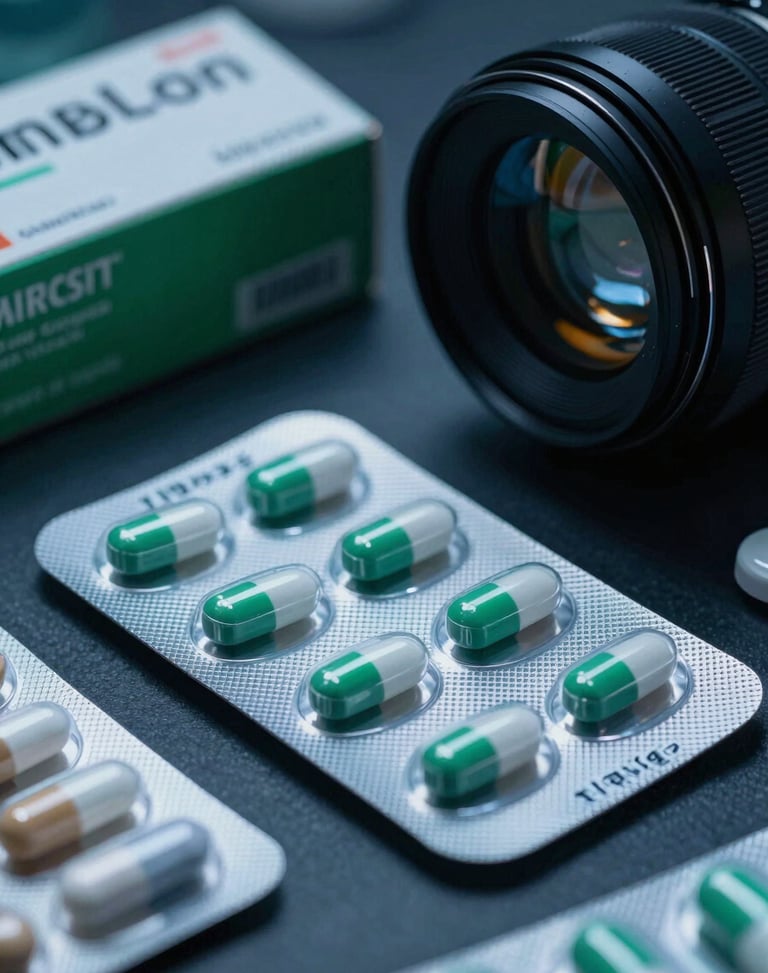 Cinematic pharmaceutical photography of verified medicine packaging in a modern logistics environment, moody dark blue and emerald green ambient light, high contrast, sharp macro details, 35mm lens