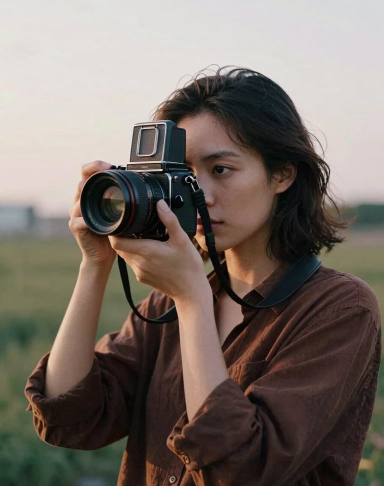 A professional portrait of a female photographer holding a medium format camera, soft overcast daylight, editorial framing, 35mm film look.