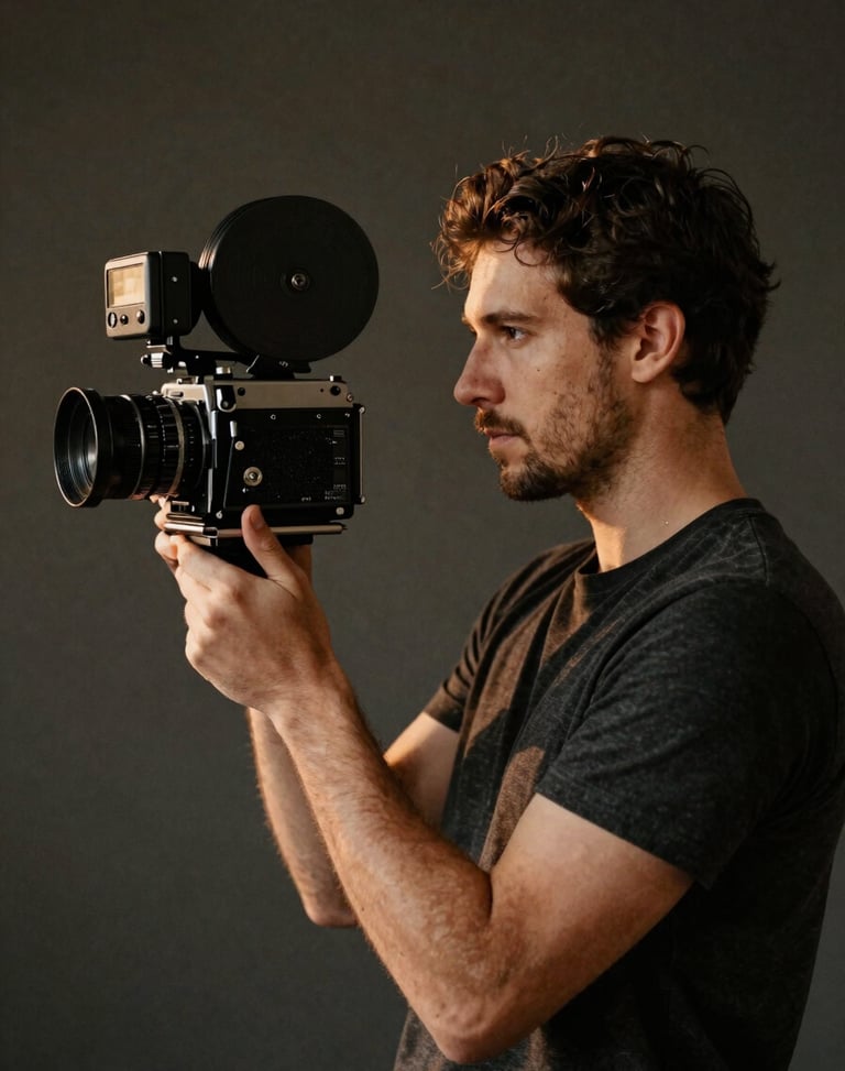 A professional portrait of a male cinematographer holding a vintage film camera, natural side lighting, muted dark background, 35mm film look.