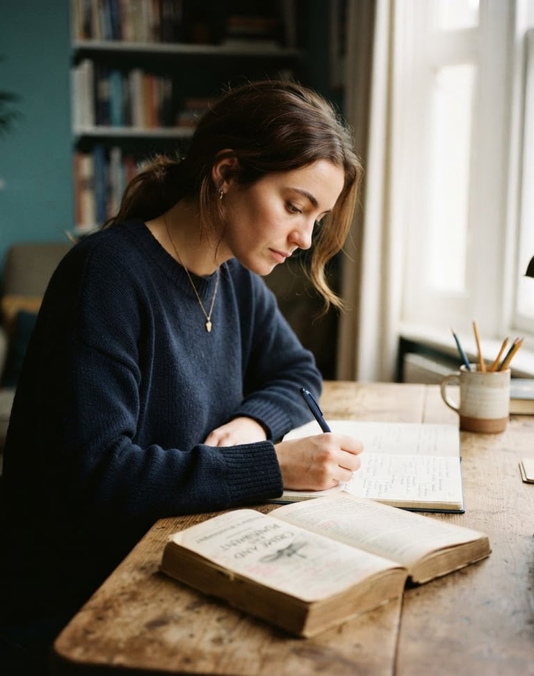 Focused student in a calm, well-lit study, taking notes, classic literature open on desk, soft natural daylight, deep navy and muted teal tones, shallow depth of field, 35mm