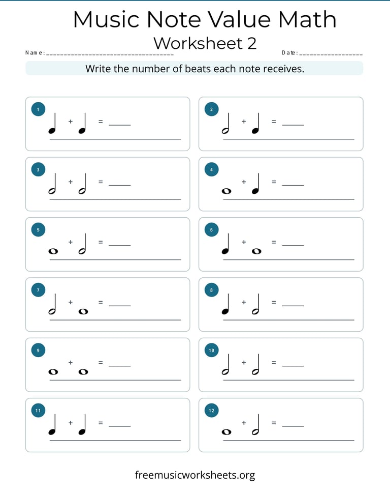 Music Note Value Math Worksheet 2