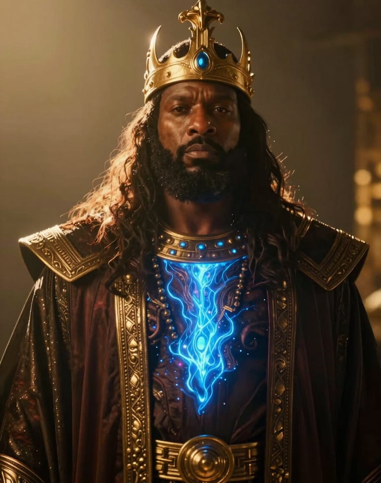 Cinematic character portrait of King Powhattan, dramatic rim lighting, golden hour, electric blue portal glow, rich dark tones, anamorphic lens.