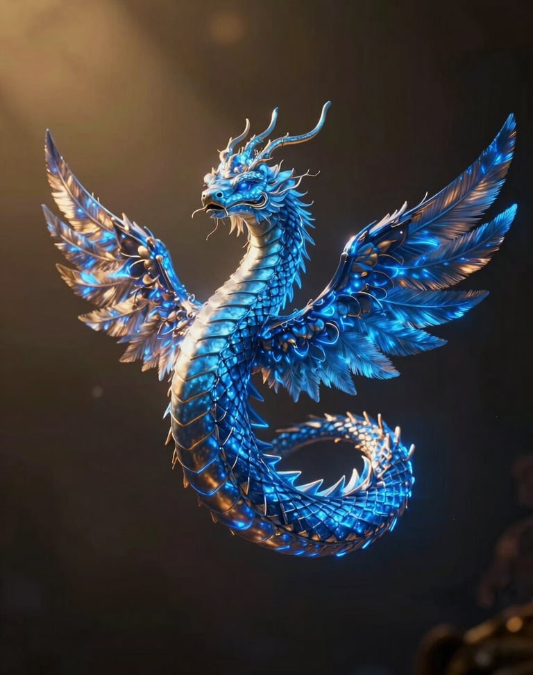 Cinematic digital illustration of Quetzalcōātl as a celestial feathered serpent of electric blue light, dramatic rim lighting, golden hour, rich dark tones, anamorphic lens.