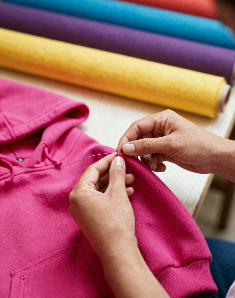 Close-up of hands carefully stitching a bright magenta dog hoodie in a warm, sunlit workshop in Celaya, colorful fabric rolls in the background