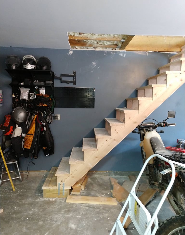 Building a proper stairway for 2nd floor access in the big garage. January 2019