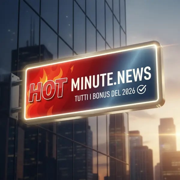  Cartellone digitale su edificio moderno al tramonto, con il logo HOT MINUTE.NEWS in stile infuocato