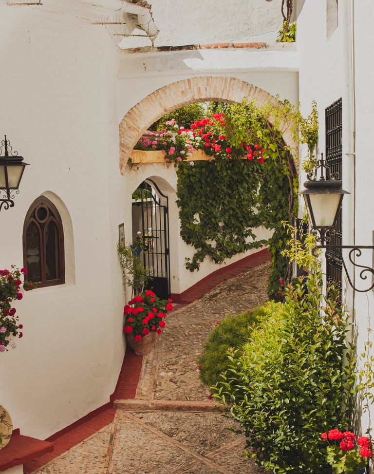 Patio cordobés auténtico con geranios encalado