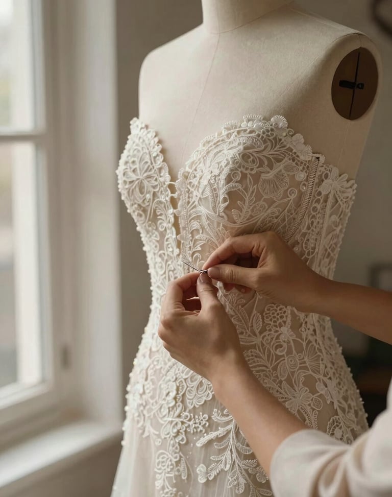 Close-up of a master tailor pinning a delicate lace wedding gown on a mannequin, warm natural window light casting soft shadows, muted cream tones, 35mm