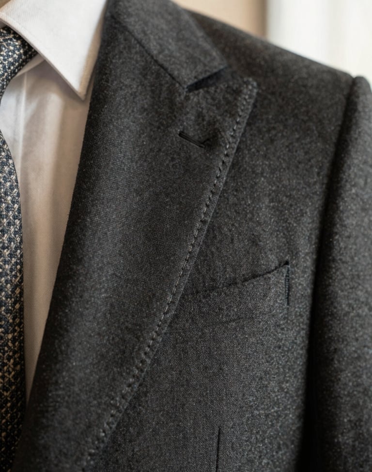 Macro shot of perfect hand-stitched lapel on a bespoke charcoal wool suit jacket, warm natural light, shallow depth of field, 35mm