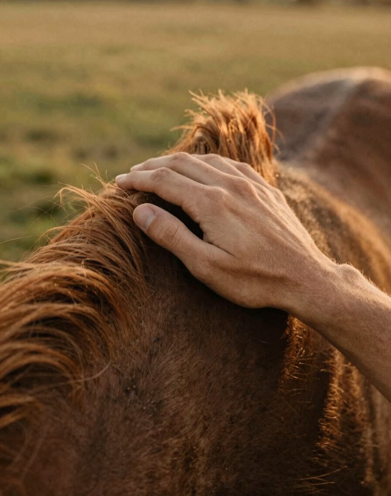 Close-up detail of a human hand resting gently on a horse's neck, warm golden-hour pasture light in Dixon, shallow depth of field, 35mm film feel.