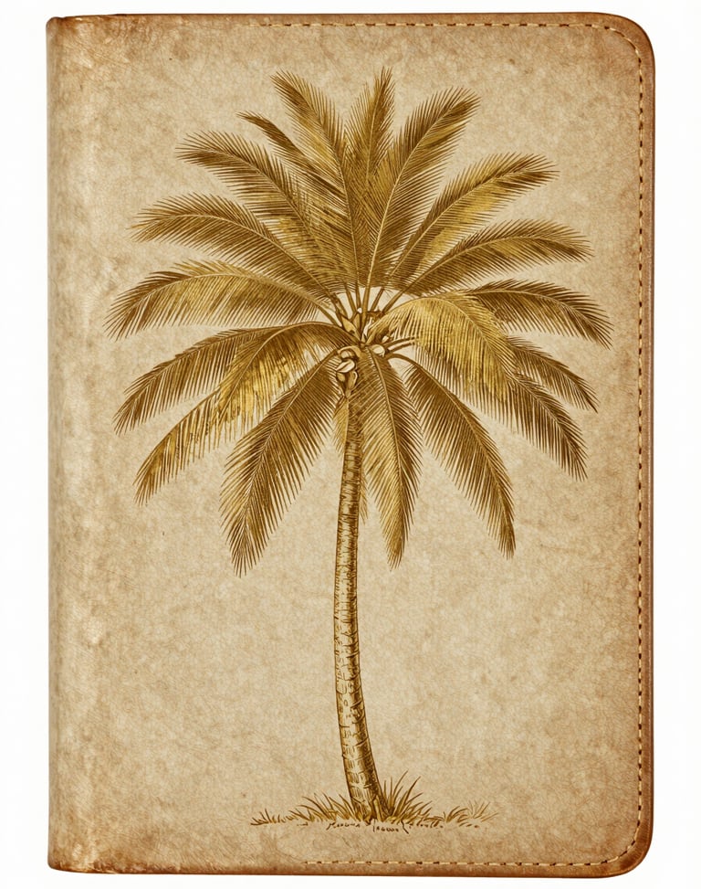 Antique leather-bound book cover with gold foil botanical illustration of a coconut palm, aged paper texture